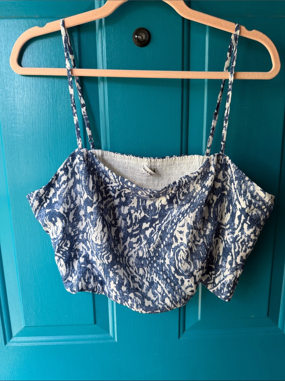 Abercrombie & Fitch Blue and White Printed Smocked Crop Top